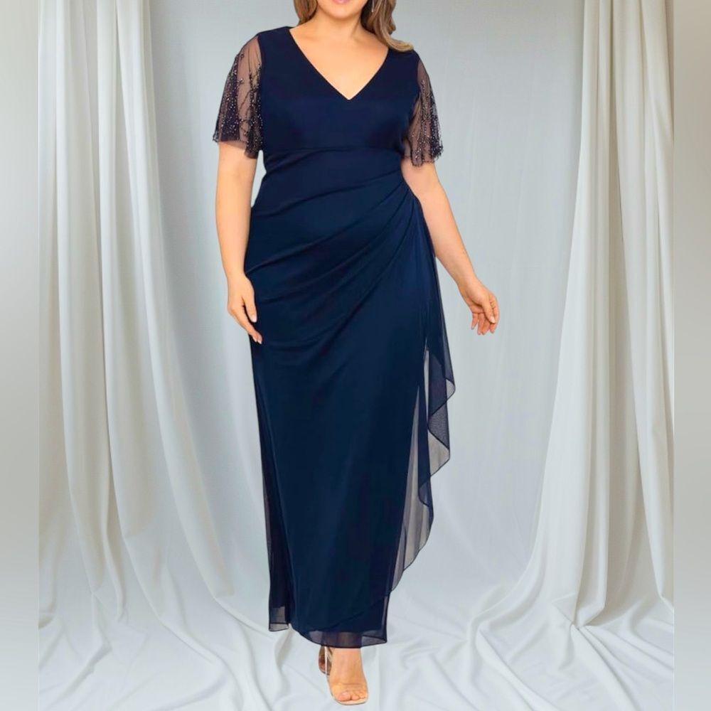 Xscape Navy Beaded Formal Maxi Dress Plus Size 14W Evening Gown